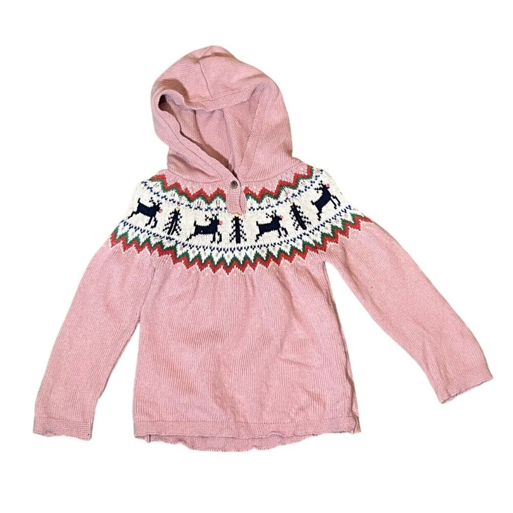 Baby Boden Pink Hooded Sweater with Fair Isle Reindeer Yoke
